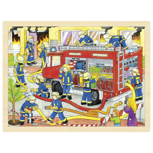 Einlegepuzzle 48-teilig Feuerwehreinsatz aus Holz goki 57527