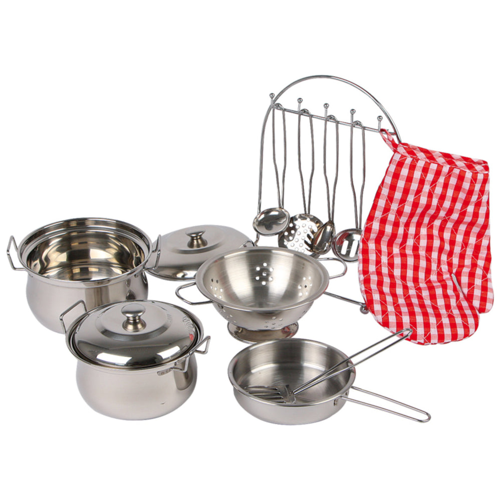 Kochgeschirr-Set Metall Kinderküche von small foot mit Küchenutensilien und Topfhandschuh