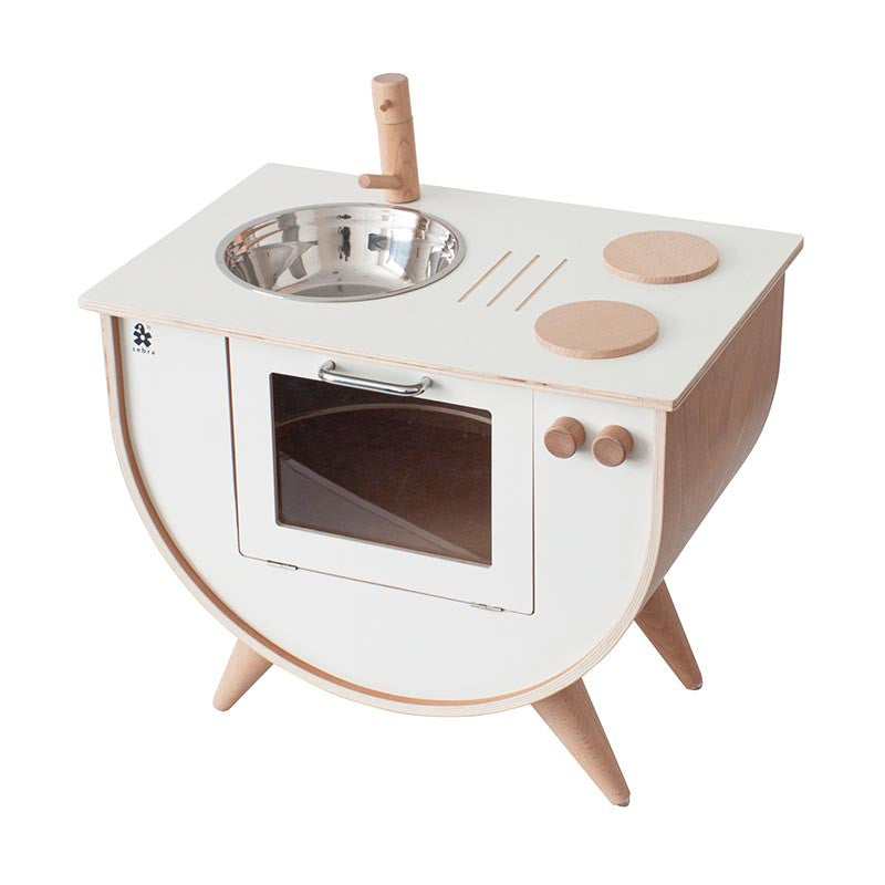 Spielküche aus Holz mit Kochplatte, Spüle und Ofen von sebra in classic white