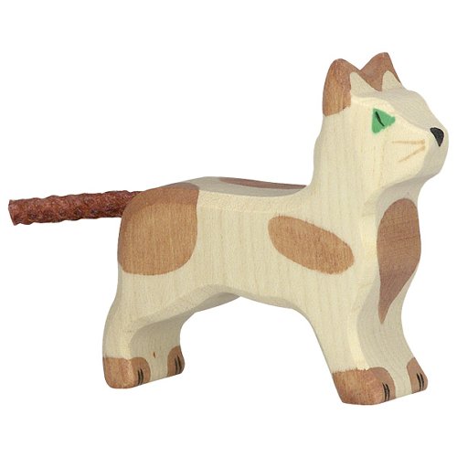 Holzfigur Kleine Katze stehend - weißbraun gefleckt von HOLZTIGER