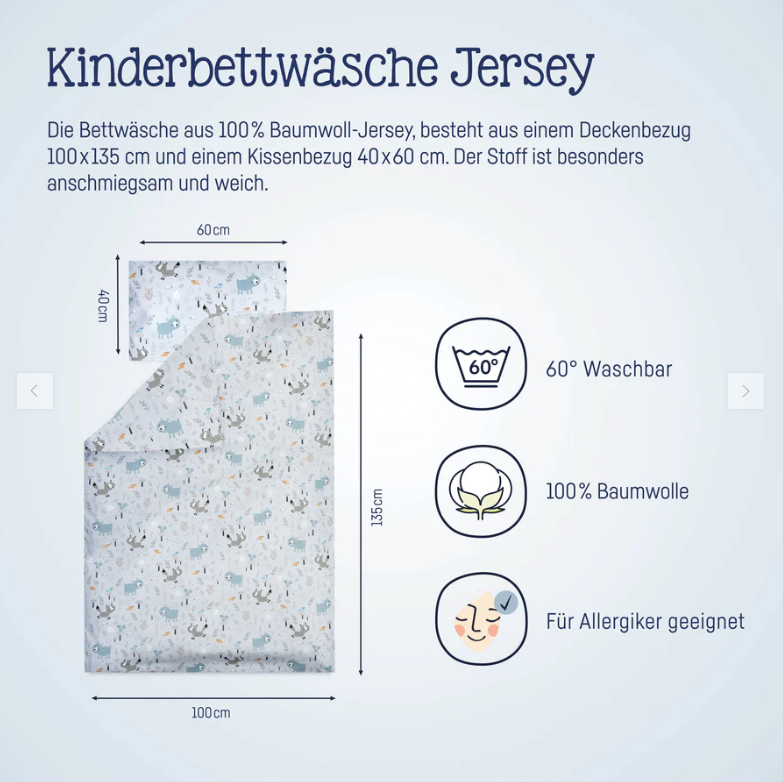 Jersey Bettwäsche mit Tiermotiven in zarten Blau- und Grautönen. Die Babybettwäsche von Julius Zöllner ist in den Maßen 100x135 cm und 40x60 cm erhältlich und ist aus 100% zertifizierter Baumwolle.