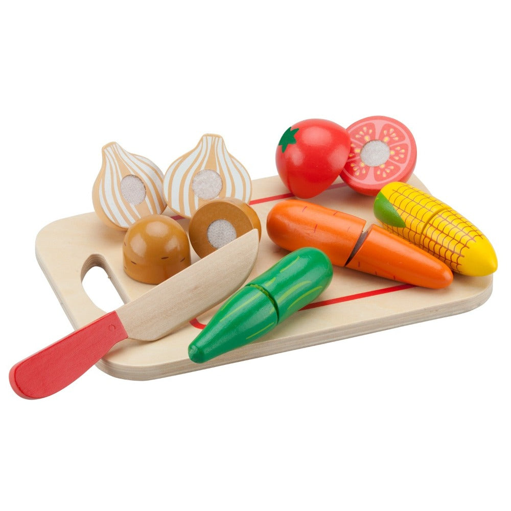 Gemüse schneiden Holzspielzeug. Tolles Zubehör für eine Spielküche. Hergestellt von new classic Toys.