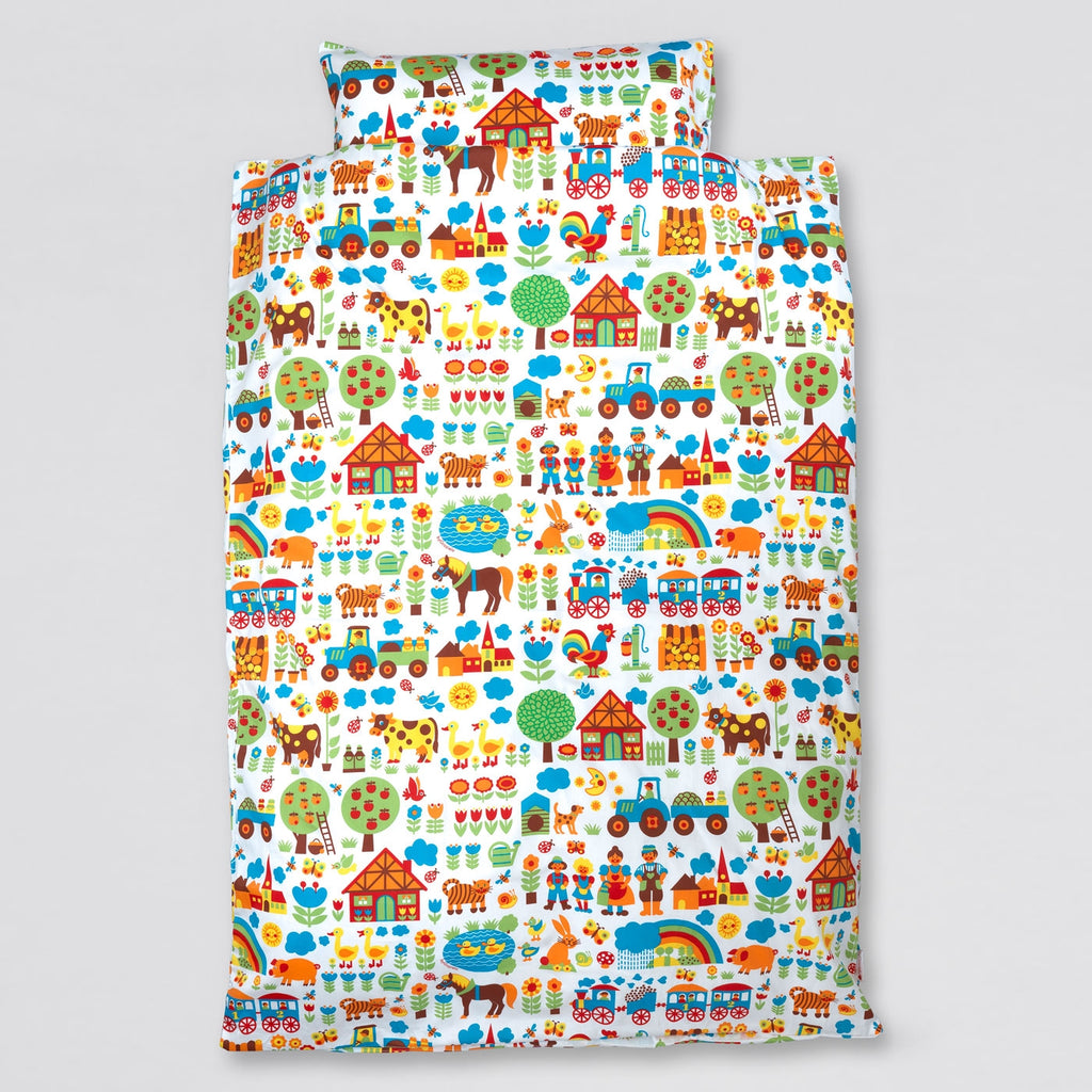 byGraziela – Kinderbettwäsche Bauernhof –Baumwoll-Bettwäsche in der Größe 200 cm x 135 cm in bunten Farben und einem Bauernhof-Motiv